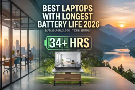 Laptop on a desk in a bright office overlooking a lake, with a battery-life graphic