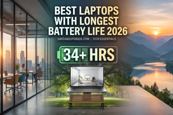 Laptop on a desk in a bright office overlooking a lake, with a battery-life graphic