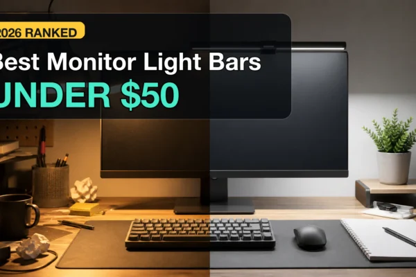 Monitor light bar clipped above a desk monitor, lighting the keyboard and desk surface