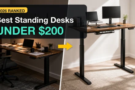 Electric standing desk shown at both sitting and standing height in a home office