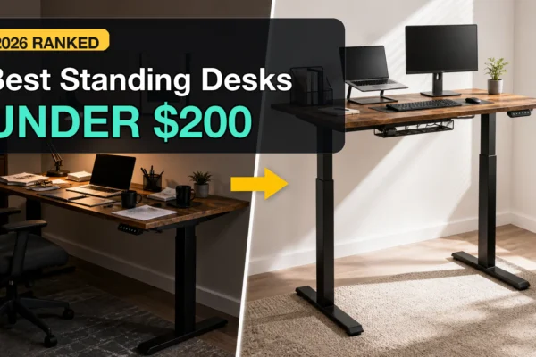 Electric standing desk shown at both sitting and standing height in a home office